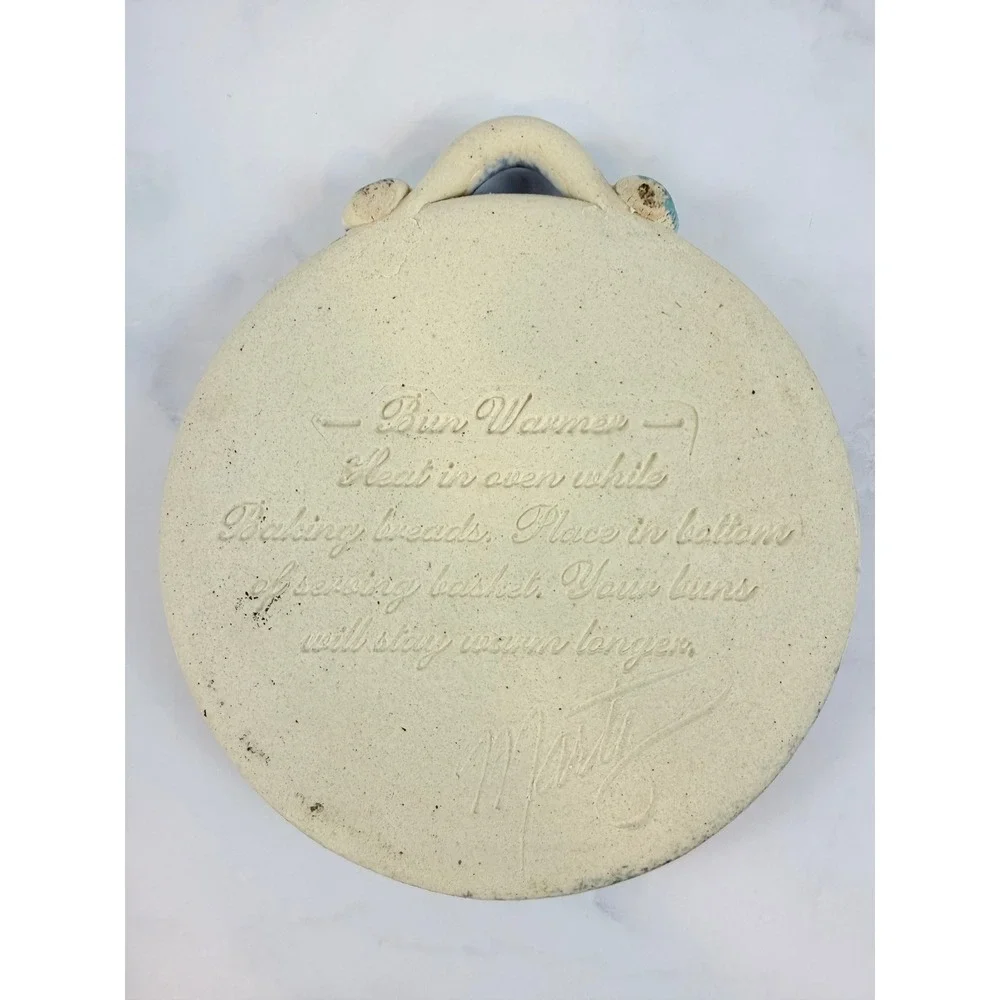 VTG Stoneware Blue White Floral Bun Warmer Engraved Message Signed 4 3/4in